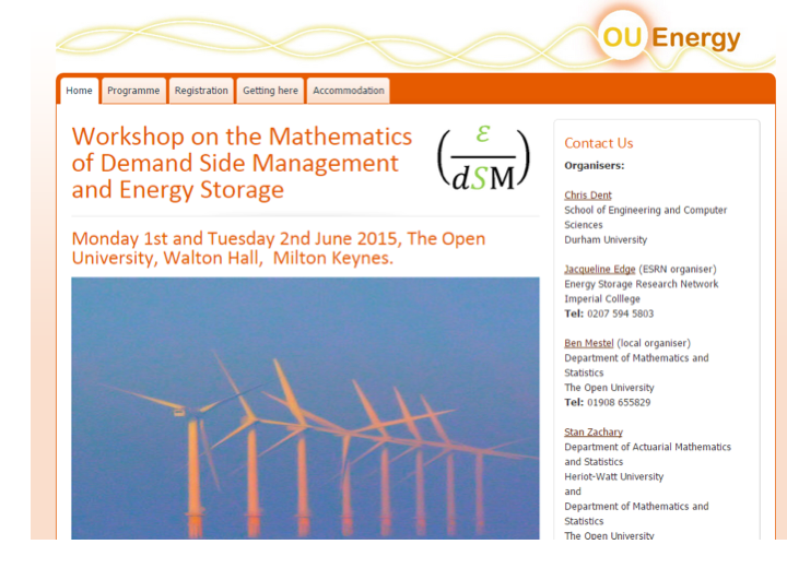 Webpage advertising the Workshop on the Mathematics of Demand Side Management and Energy Storage, held at the Open University, in June 2015.